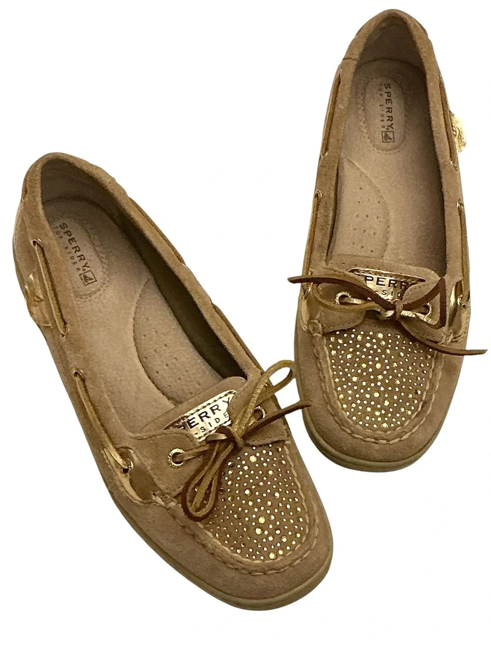 Sperry Women’s Top Sider Boat Shoes Angelfish Tan Leather Gold Sparkle Size 8.5